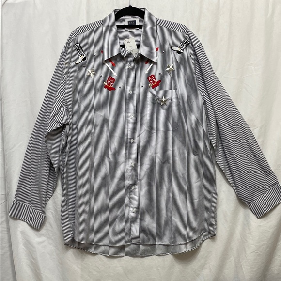 NWT Western Embroidered Black Red & White Striped Women's Button Down Shirt, 1X - Picture 1 of 12